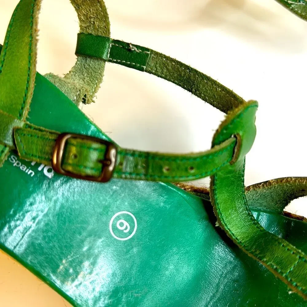 Marina Luna Vintage Green Leather T-Strap Espadrille